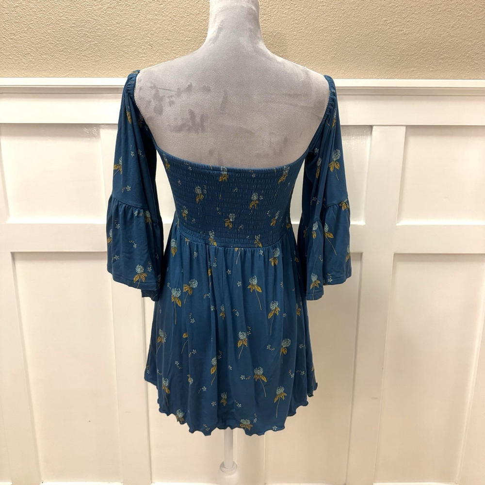 Free People Lana Tunic Top Blouse Size:S Off Shoulder Blue Floral Smocked Teal - Picture 7 of 12